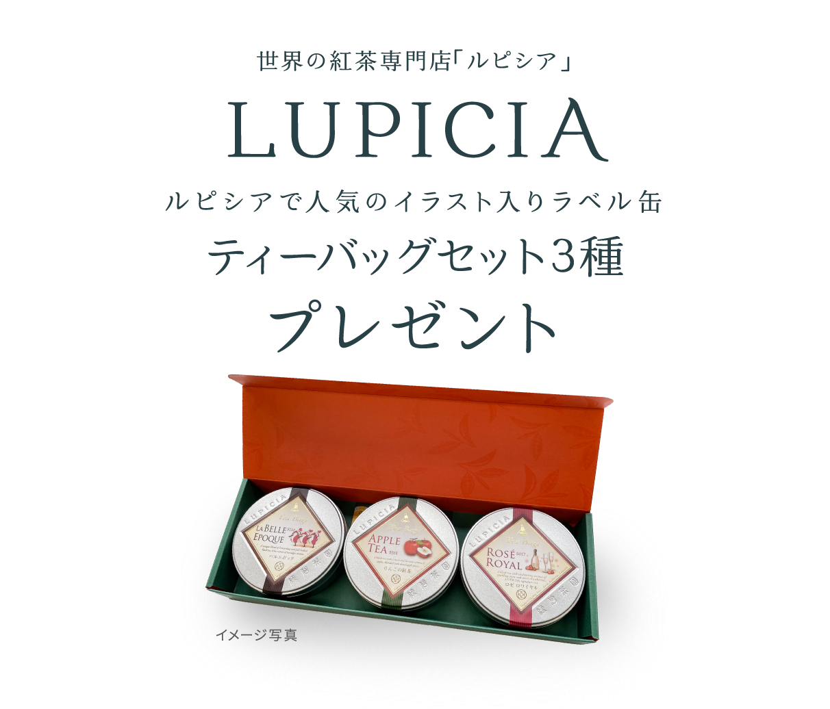 世界の紅茶専門店「ルピシア（LUPICIA）」／ルピシアで人気のイラスト入りラベル缶ティーバッグセット3種プレゼント