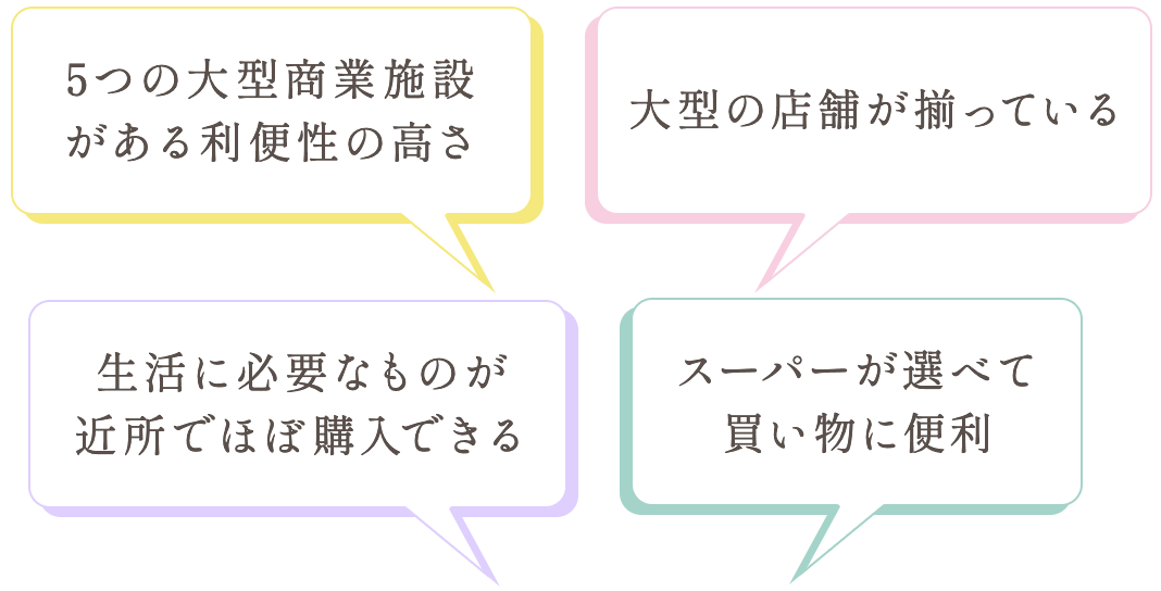 5つの大型商業施設がある利便性の高さ｜大型の店舗が揃っている｜生活に必要なものが近所でほぼ購入できる｜スーパーが選べて買い物に便利