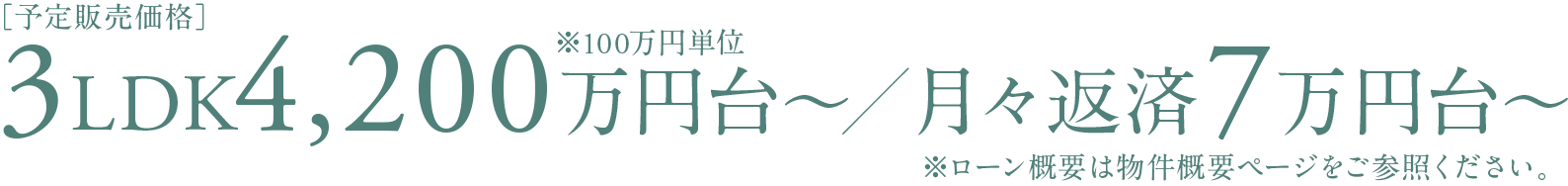 ［予定販売価格］3LDK4,200万円台〜※100万円単位／月々返済10万円台〜(ボーナス時返済0円)※ローン概要は物件概要ページをご参照ください。