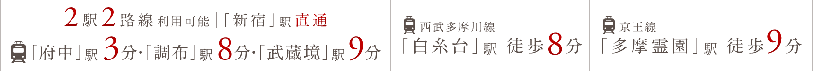 駅2路線利用可能｜「新宿」駅直通 「府中」駅3分・「調布」駅8分・「武蔵境」駅9分｜西武多摩川線「白糸台」駅 徒歩8分｜京王線「多摩霊園」駅 徒歩9分